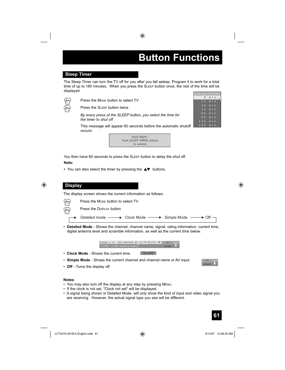 Sleep timer, Display, Button functions | JVC RM-C1450 User Manual | Page 61 / 81