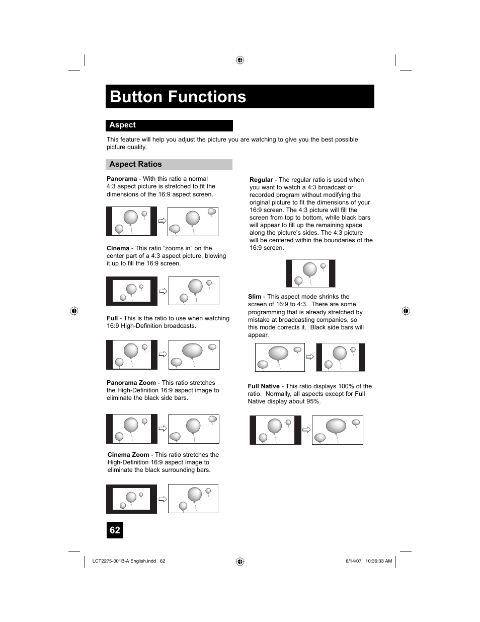 Aspect, Button functions | JVC RM-C1450 User Manual | Page 62 / 81