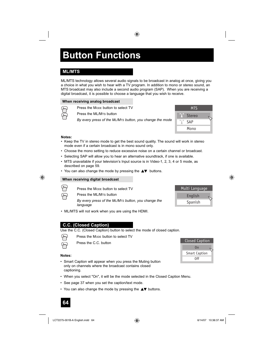 Ml/mts, C.c. (closed caption), Button functions | JVC RM-C1450 User Manual | Page 64 / 81