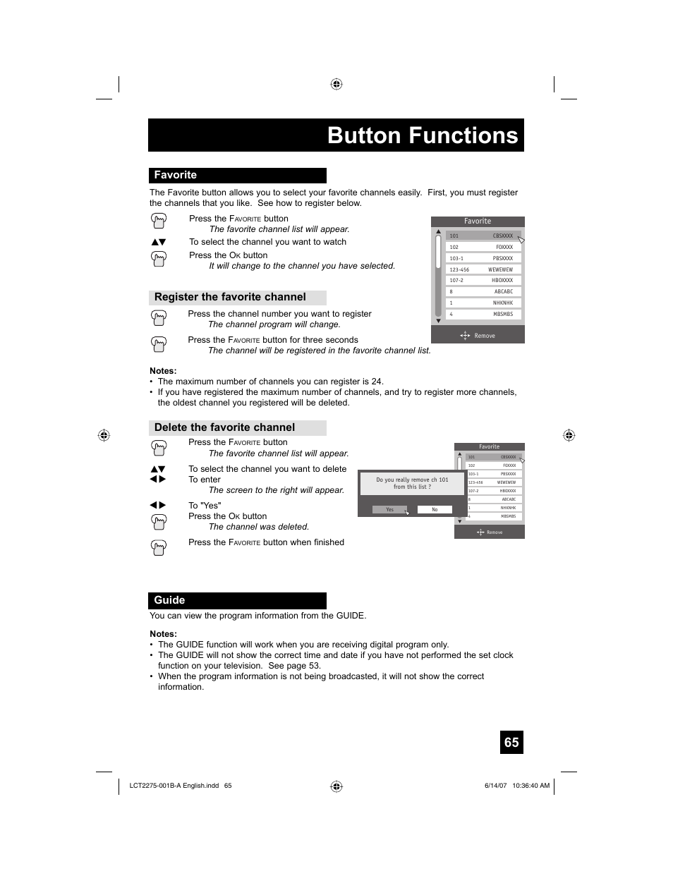 Favorite, Guide, Button functions | JVC RM-C1450 User Manual | Page 65 / 81