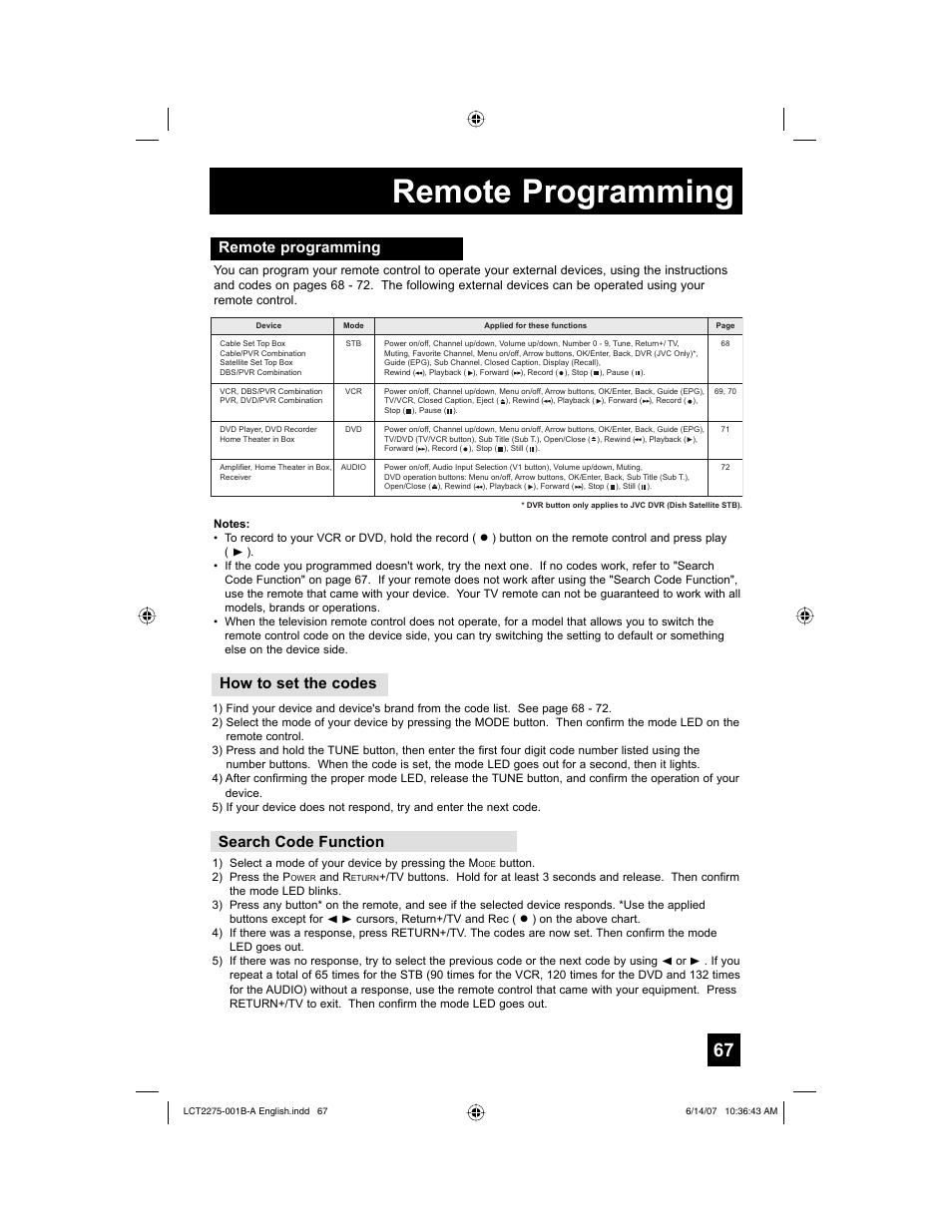 Remote programming, How to set the codes, Search code function | JVC RM-C1450 User Manual | Page 67 / 81