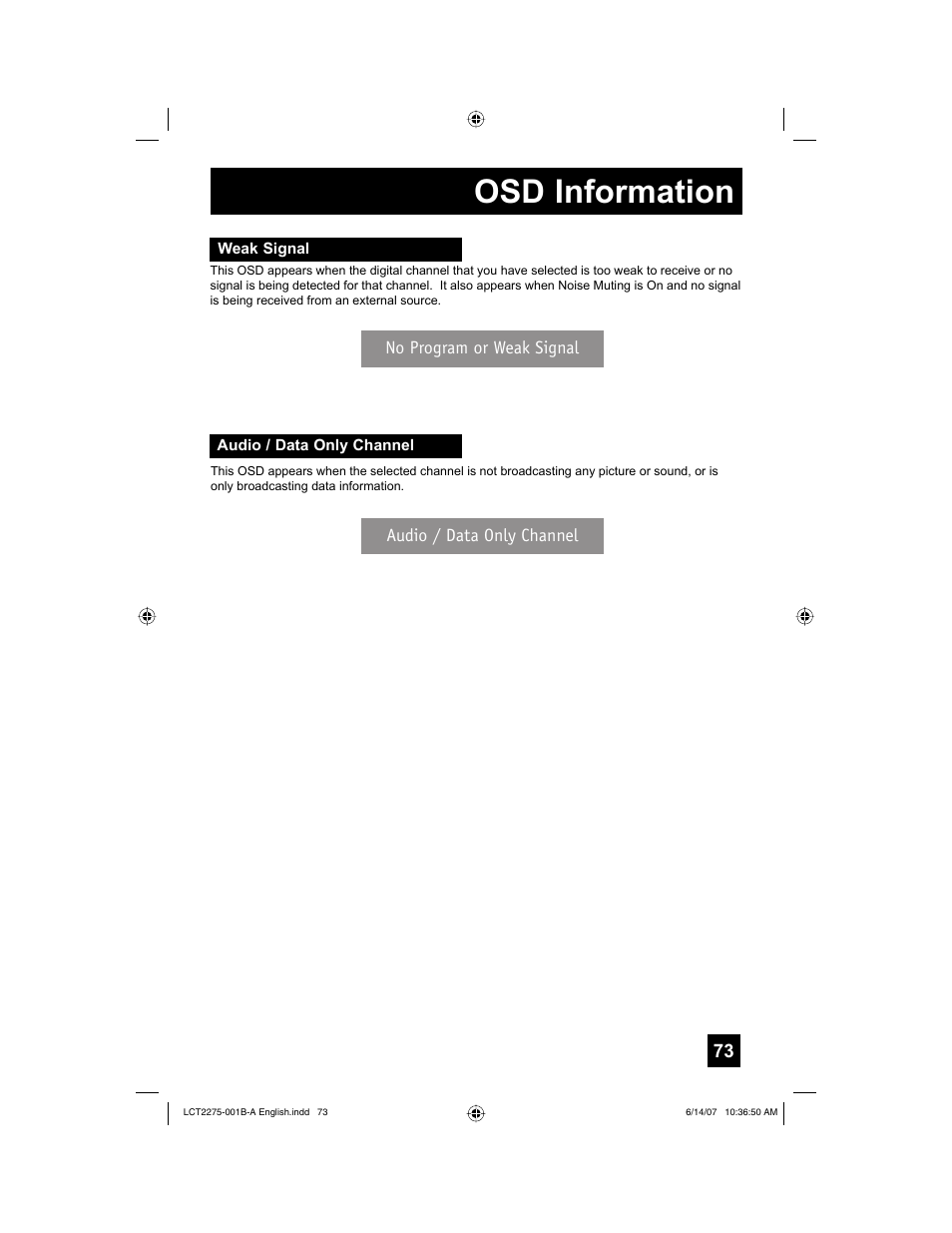 Osd information, Weak signal, Audio / data only channel | JVC RM-C1450 User Manual | Page 73 / 81