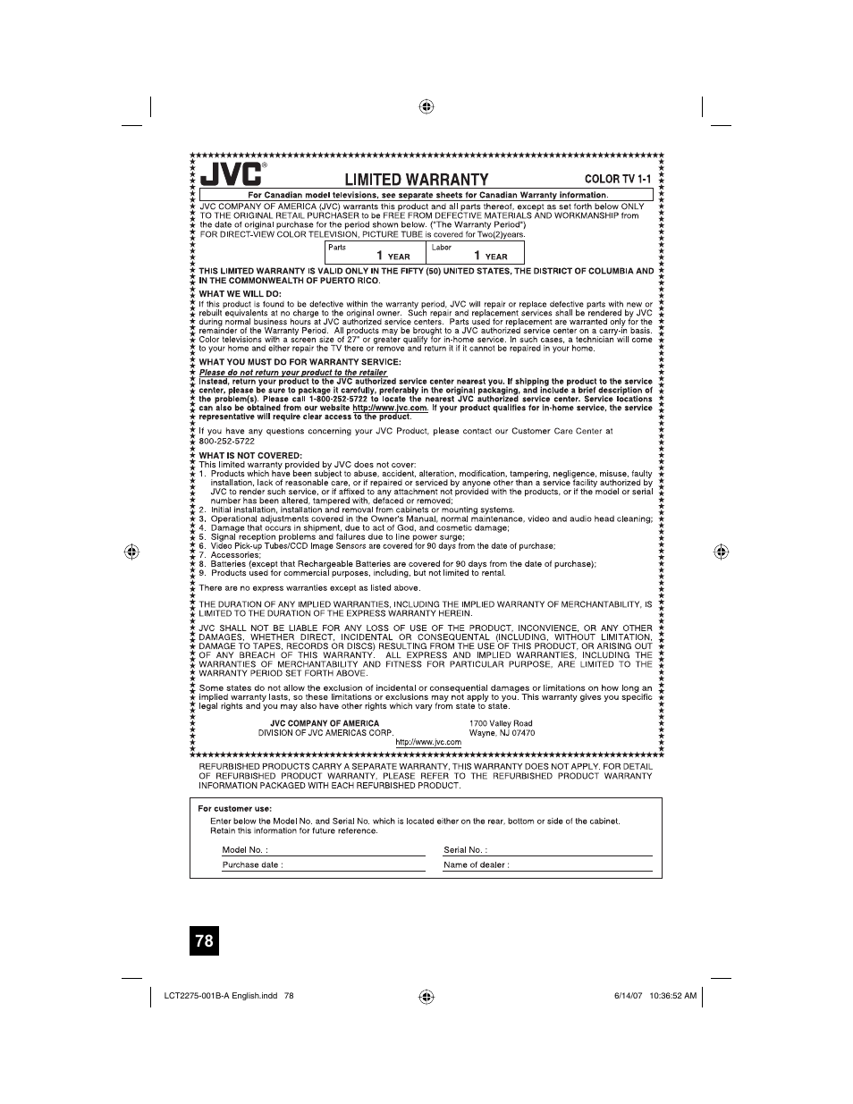 Limited warranty | JVC RM-C1450 User Manual | Page 78 / 81