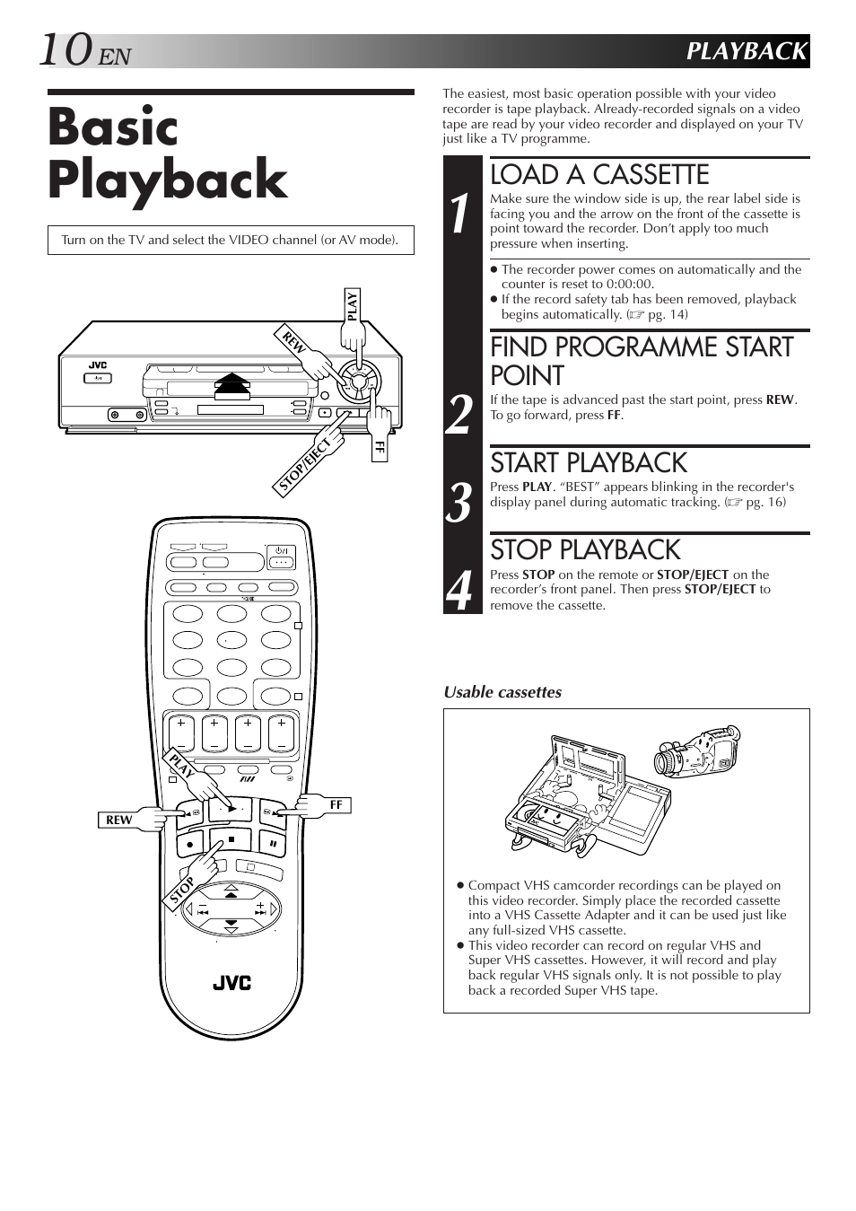 Basic playback, Load a cassette, Find programme start point | Start playback, Stop playback, Playback | JVC HR-J455EA User Manual | Page 10 / 40
