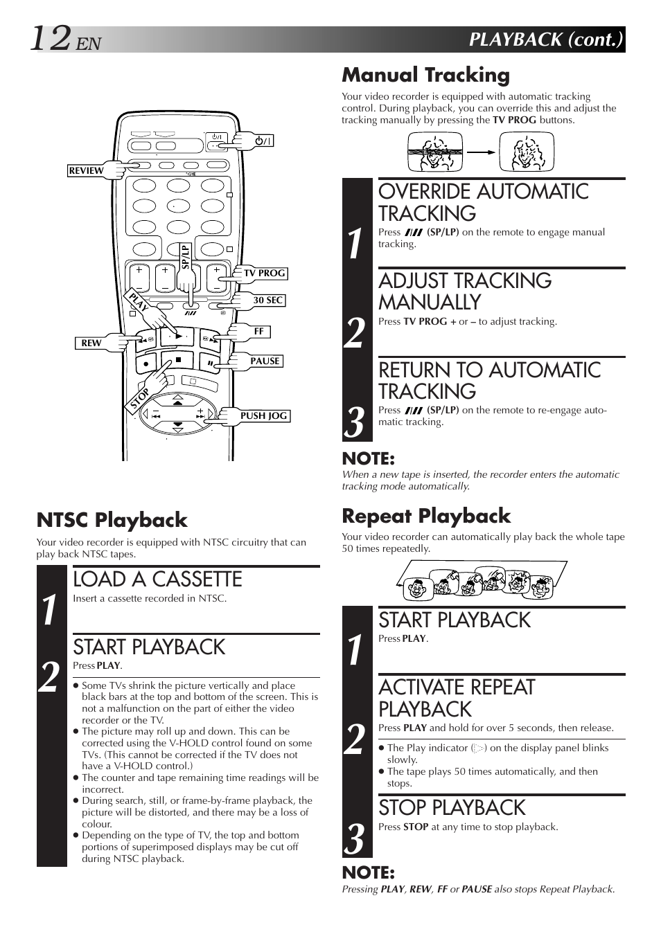 Override automatic tracking, Adjust tracking manually, Return to automatic tracking | Start playback, Activate repeat playback, Stop playback, Load a cassette, Playback (cont.), Manual tracking, Repeat playback | JVC HR-J455EA User Manual | Page 12 / 40