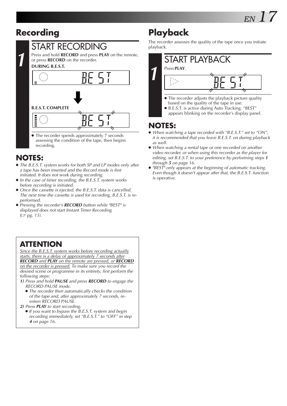 Start recording, Start playback, Recording | Playback, Attention | JVC HR-J455EA User Manual | Page 17 / 40