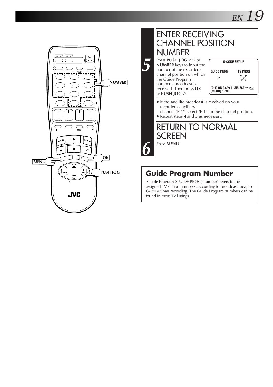 Enter receiving channel position number, Return to normal screen, Guide program number | JVC HR-J455EA User Manual | Page 19 / 40