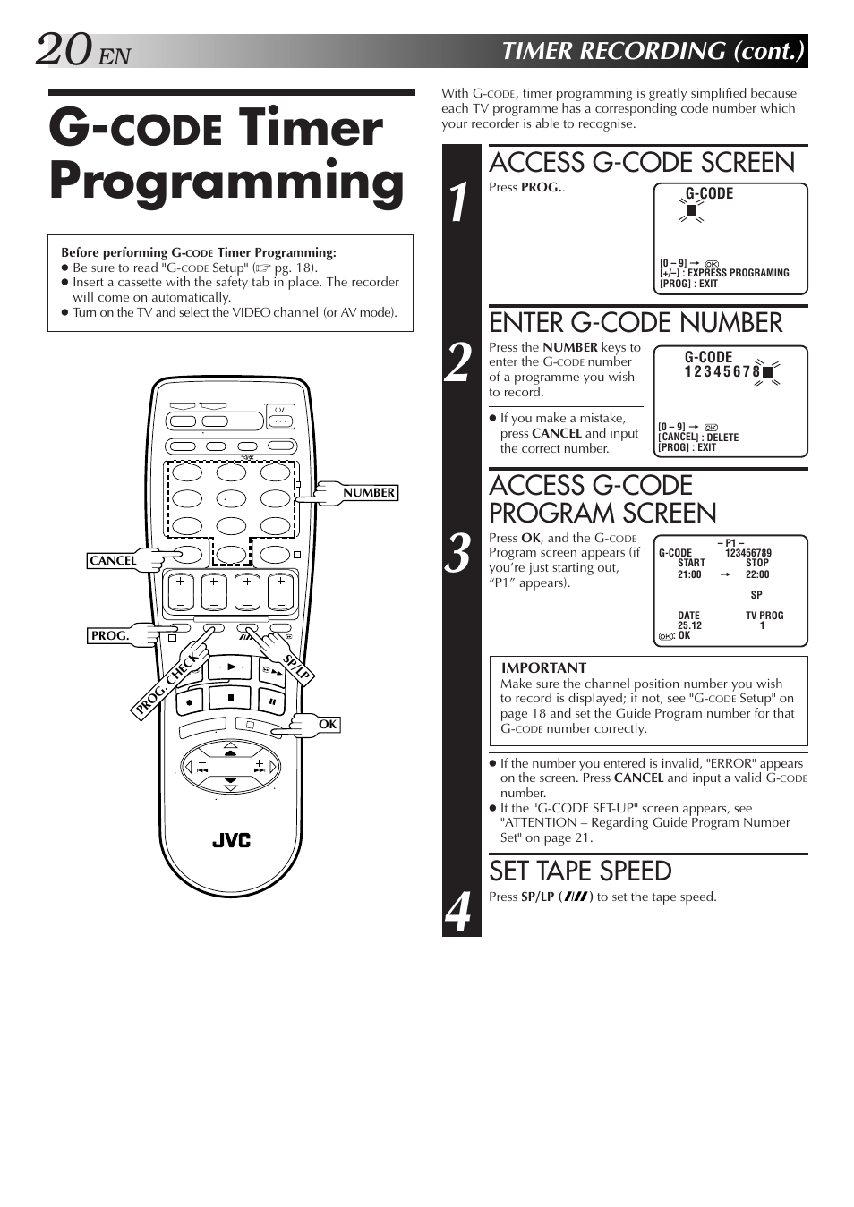 Timer programming, Code, Access g-code screen | Enter g-code number, Access g-code program screen, Set tape speed, Timer recording (cont.) | JVC HR-J455EA User Manual | Page 20 / 40