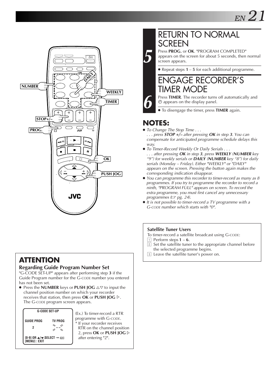 Return to normal screen, Engage recorder’s timer mode, Attention | JVC HR-J455EA User Manual | Page 21 / 40