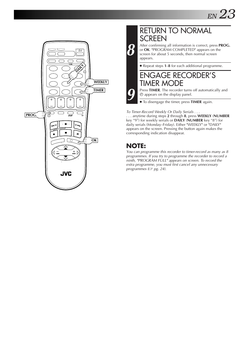 Return to normal screen, Engage recorder’s timer mode | JVC HR-J455EA User Manual | Page 23 / 40