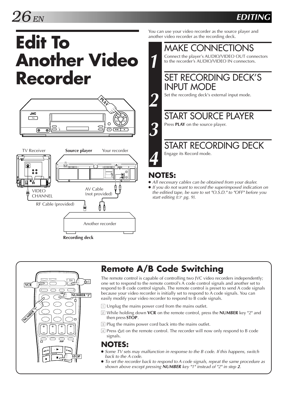 Edit to another video recorder, Make connections, Set recording deck’s input mode | Start source player, Start recording deck, Editing, Remote a/b code switching | JVC HR-J455EA User Manual | Page 26 / 40