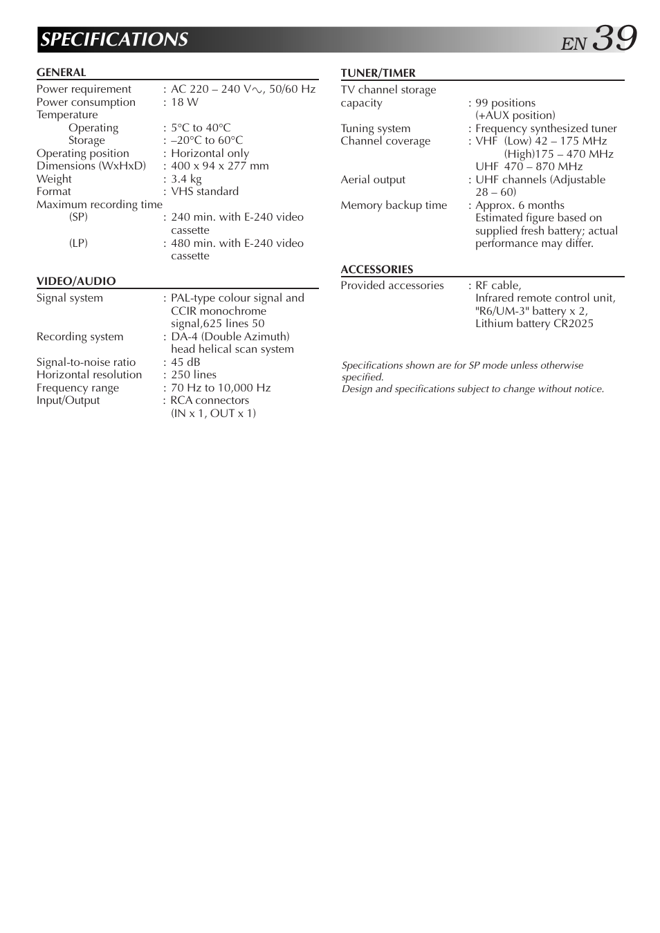 Specifications | JVC HR-J455EA User Manual | Page 39 / 40