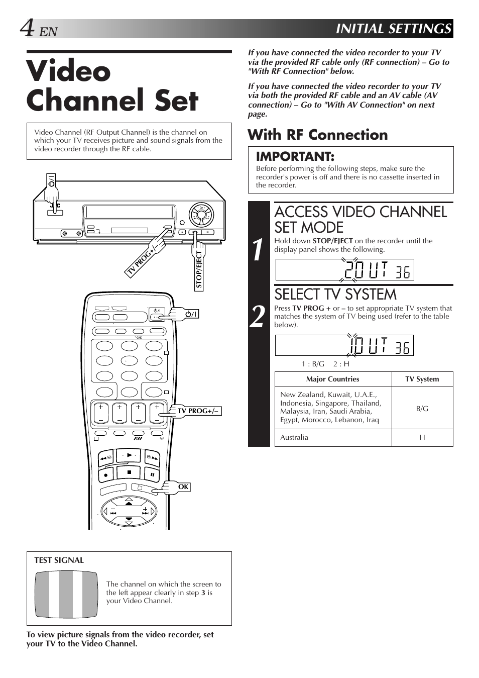 Video channel set, Access video channel set mode, Select tv system | Initial settings, With rf connection, Important | JVC HR-J455EA User Manual | Page 4 / 40