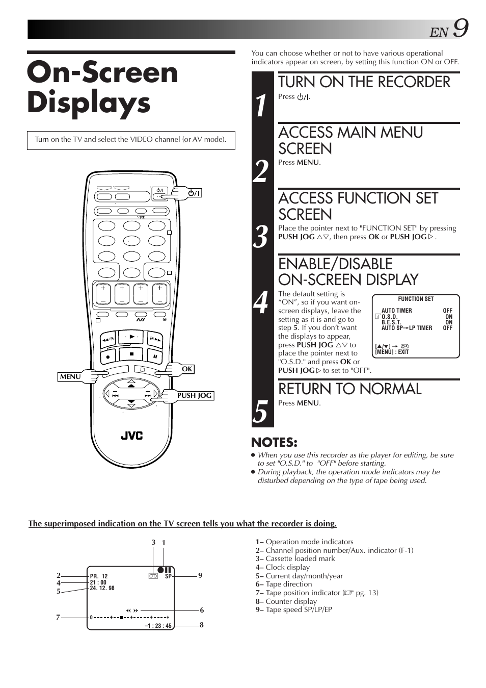 On-screen displays, Turn on the recorder, Access main menu screen | Access function set screen, Enable/disable on-screen display, Return to normal | JVC HR-J455EA User Manual | Page 9 / 40
