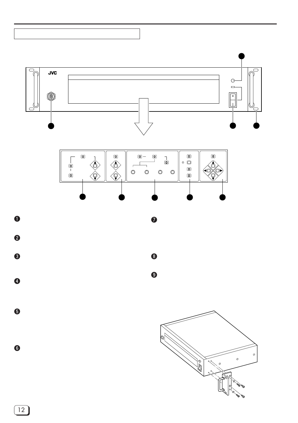 Names of parts and their functions, Camera control unit (front panel), 3[camera] camera cable connector | 9handle (provided), Press to open the function box, Display the menu to carry out various settings, Handle installation | JVC DZ-VCA1SE User Manual | Page 12 / 28
