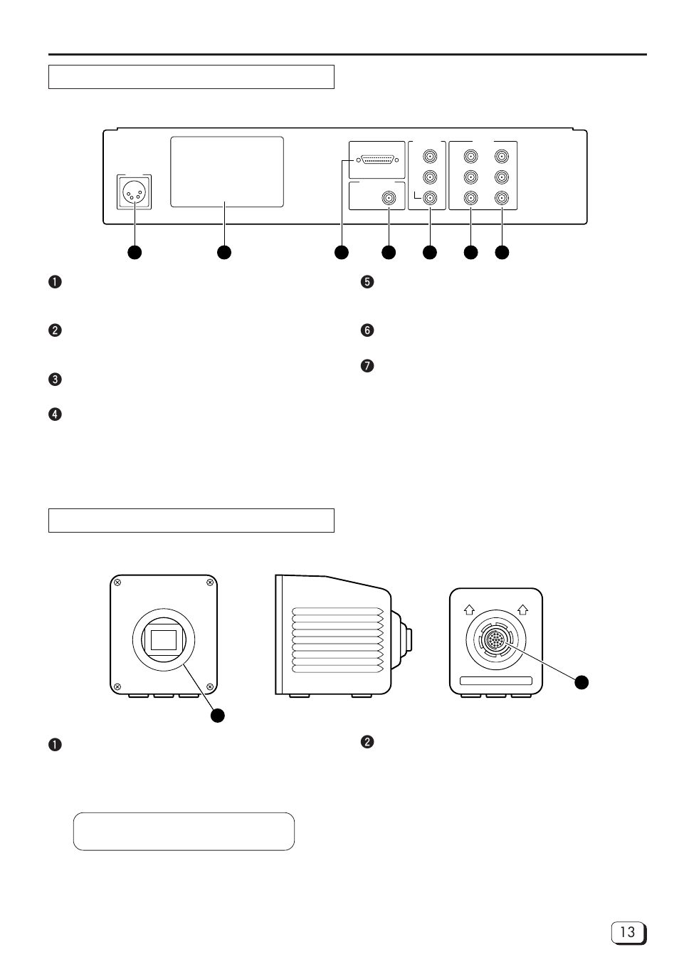 Camera control unit (rear panel), Camera head, 1[dc input] dc input connector | 2cover for extension slot, 3scsi connector, 4[genlock input] external sync signal input jack, 5[sync out] sync signal output jacks, 6[rgb out] rgb signal output jacks, 7[y, p, Out] video signal output jacks | JVC DZ-VCA1SE User Manual | Page 13 / 28