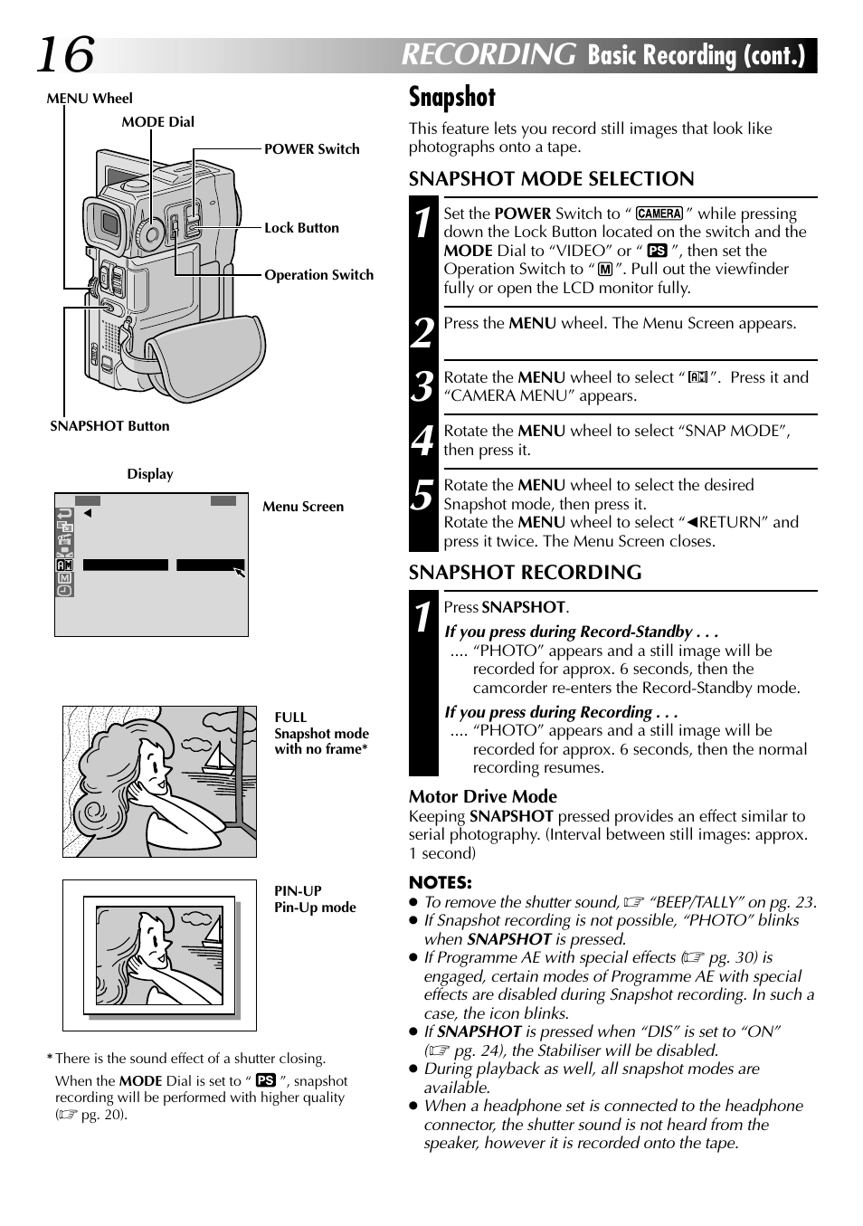 Recording, Basic recording (cont.) snapshot, Snapshot mode selection | Snapshot recording | JVC LYT0633-001A User Manual | Page 16 / 76