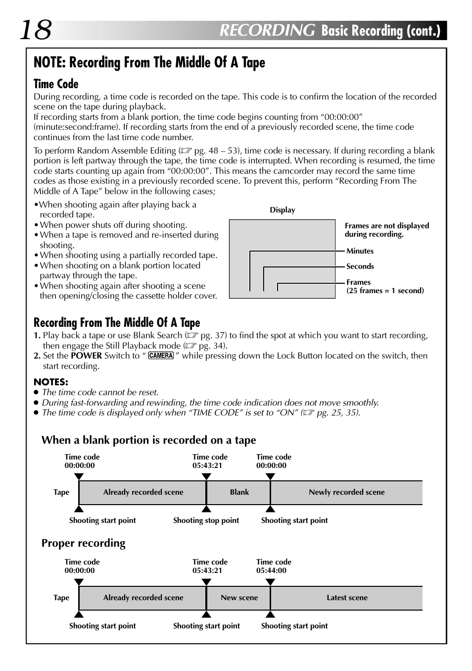 Recording, Basic recording (cont.), Time code | Recording from the middle of a tape | JVC LYT0633-001A User Manual | Page 18 / 76