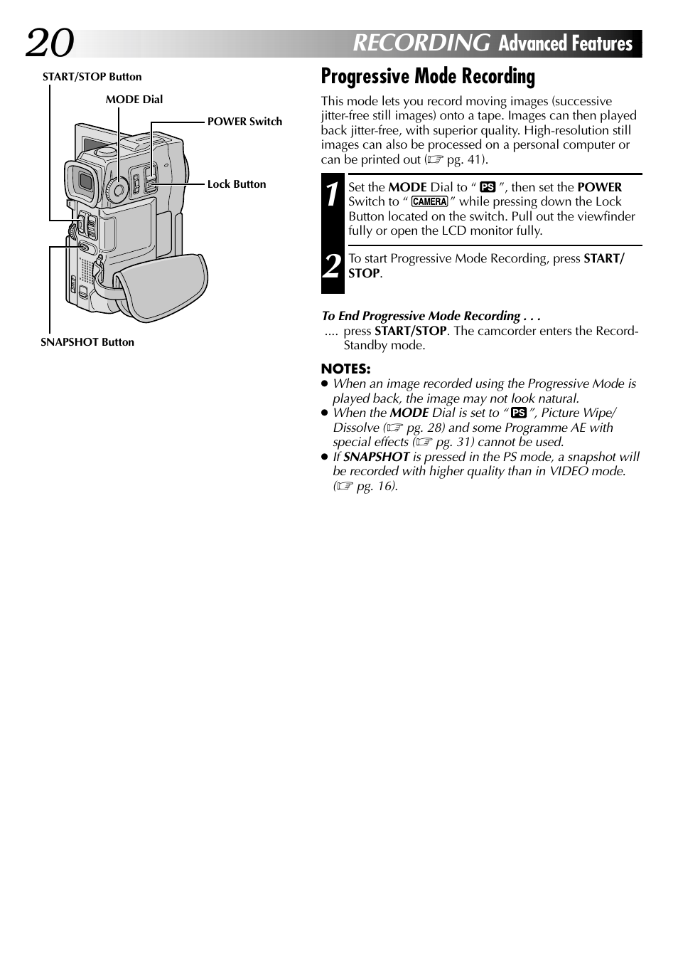 Recording, Progressive mode recording, Advanced features | JVC LYT0633-001A User Manual | Page 20 / 76