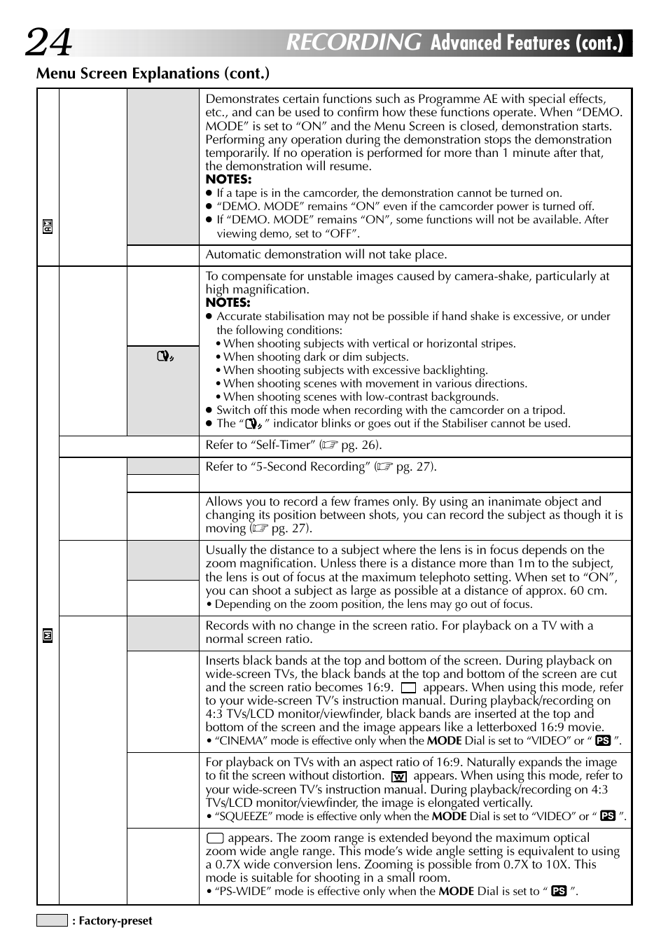 Recording, Advanced features (cont.) | JVC LYT0633-001A User Manual | Page 24 / 76