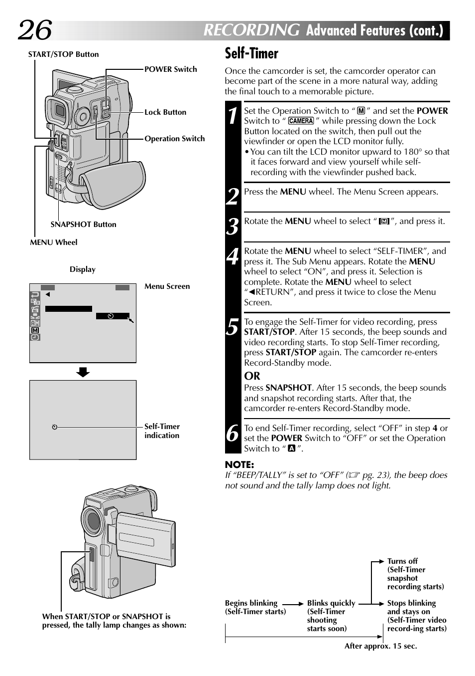 Recording, Self-timer, Advanced features (cont.) | JVC LYT0633-001A User Manual | Page 26 / 76