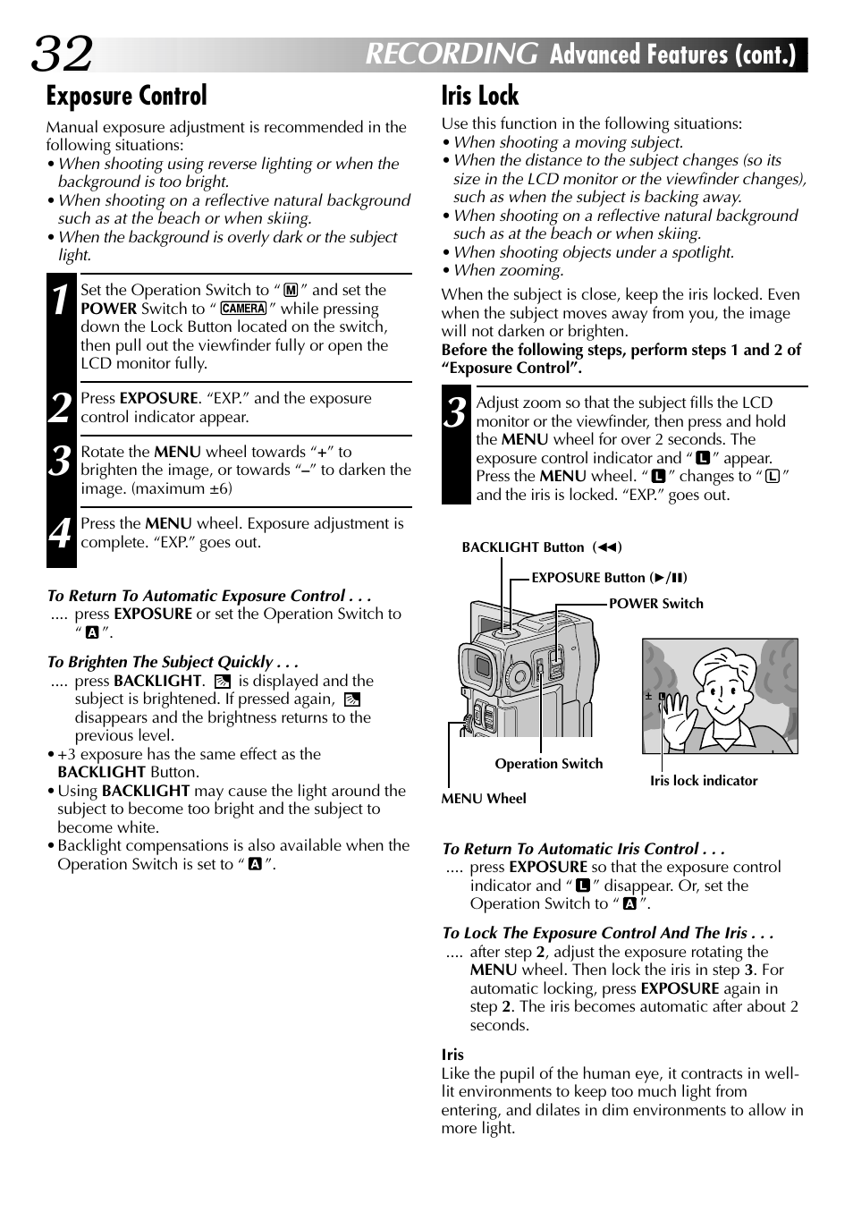 Recording, Advanced features (cont.) exposure control, Iris lock | JVC LYT0633-001A User Manual | Page 32 / 76