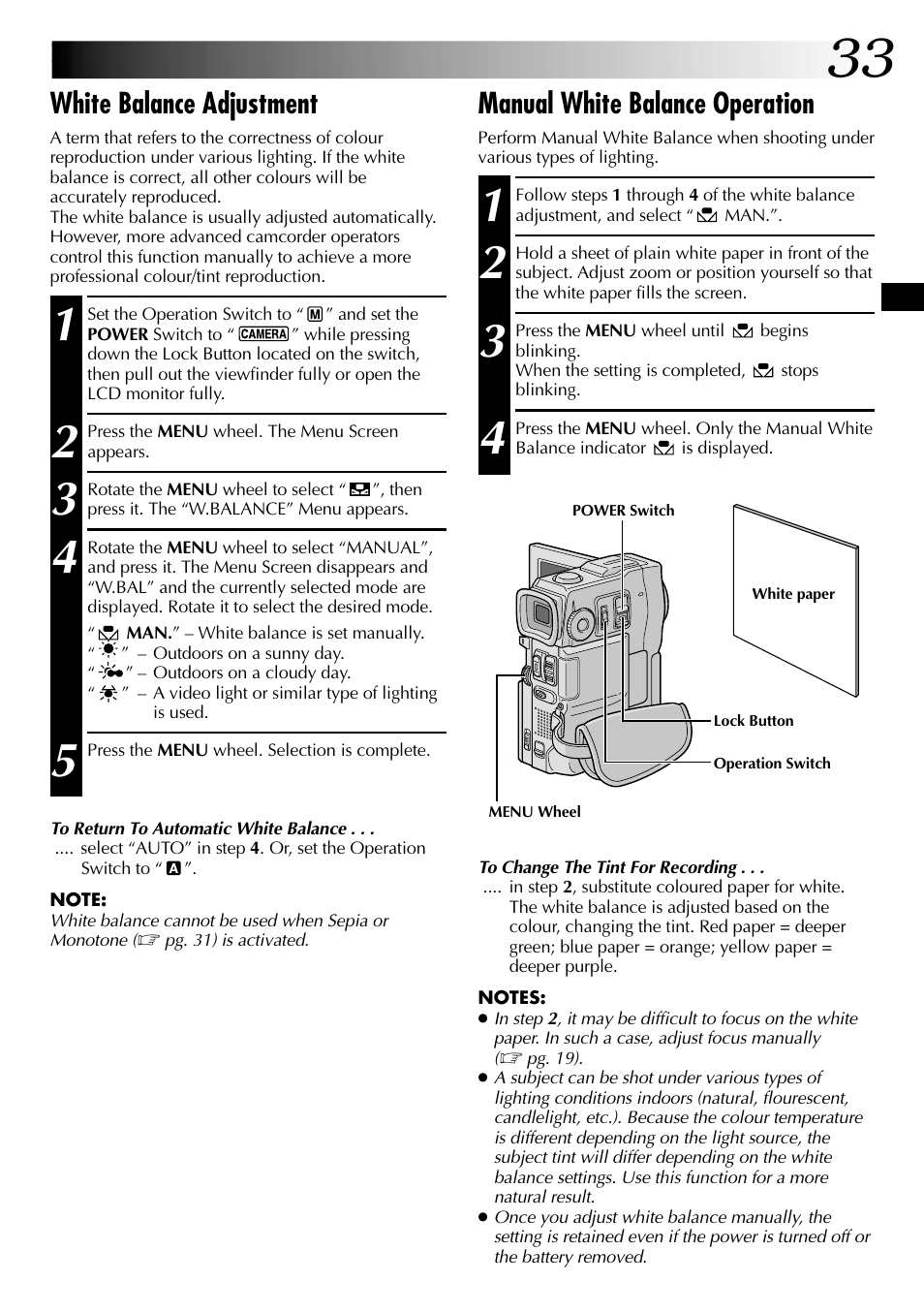 White balance adjustment, Manual white balance operation | JVC LYT0633-001A User Manual | Page 33 / 76