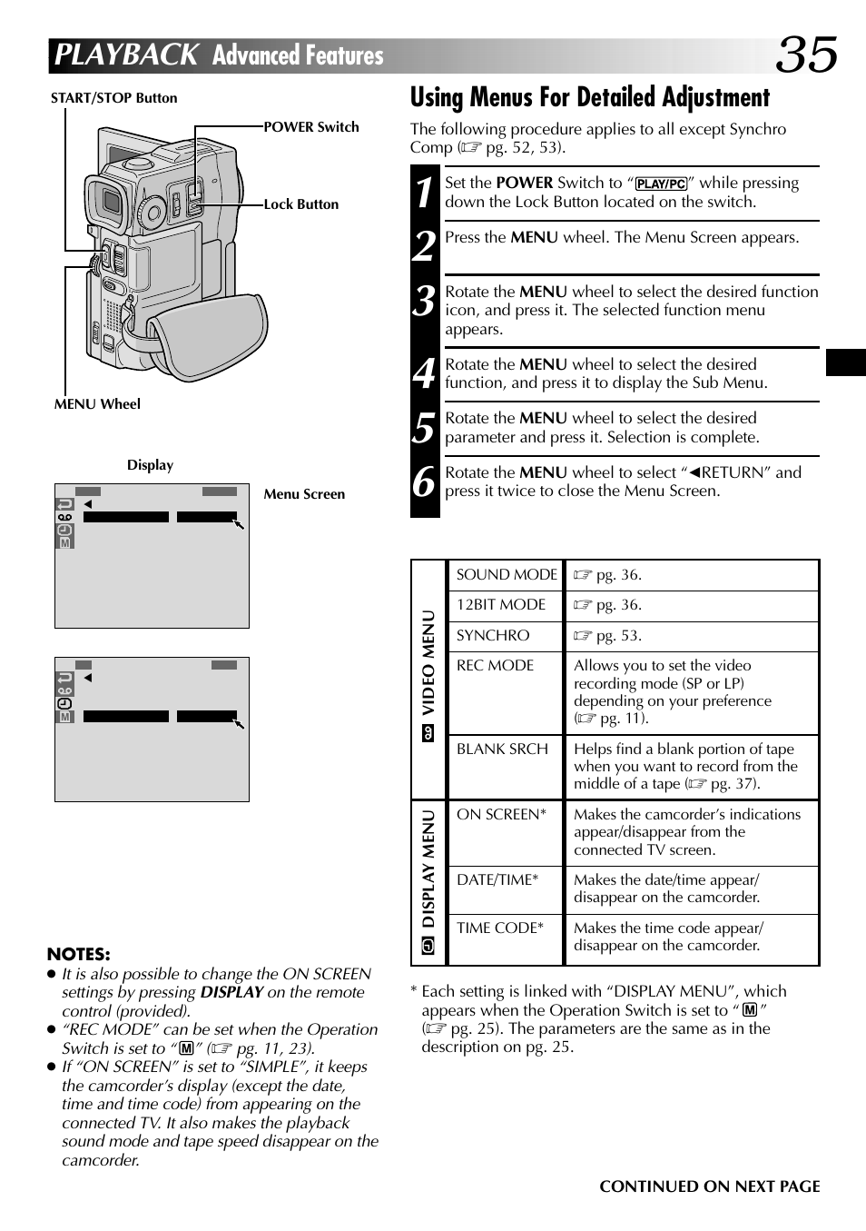 Playback, Using menus for detailed adjustment, Advanced features | JVC LYT0633-001A User Manual | Page 35 / 76