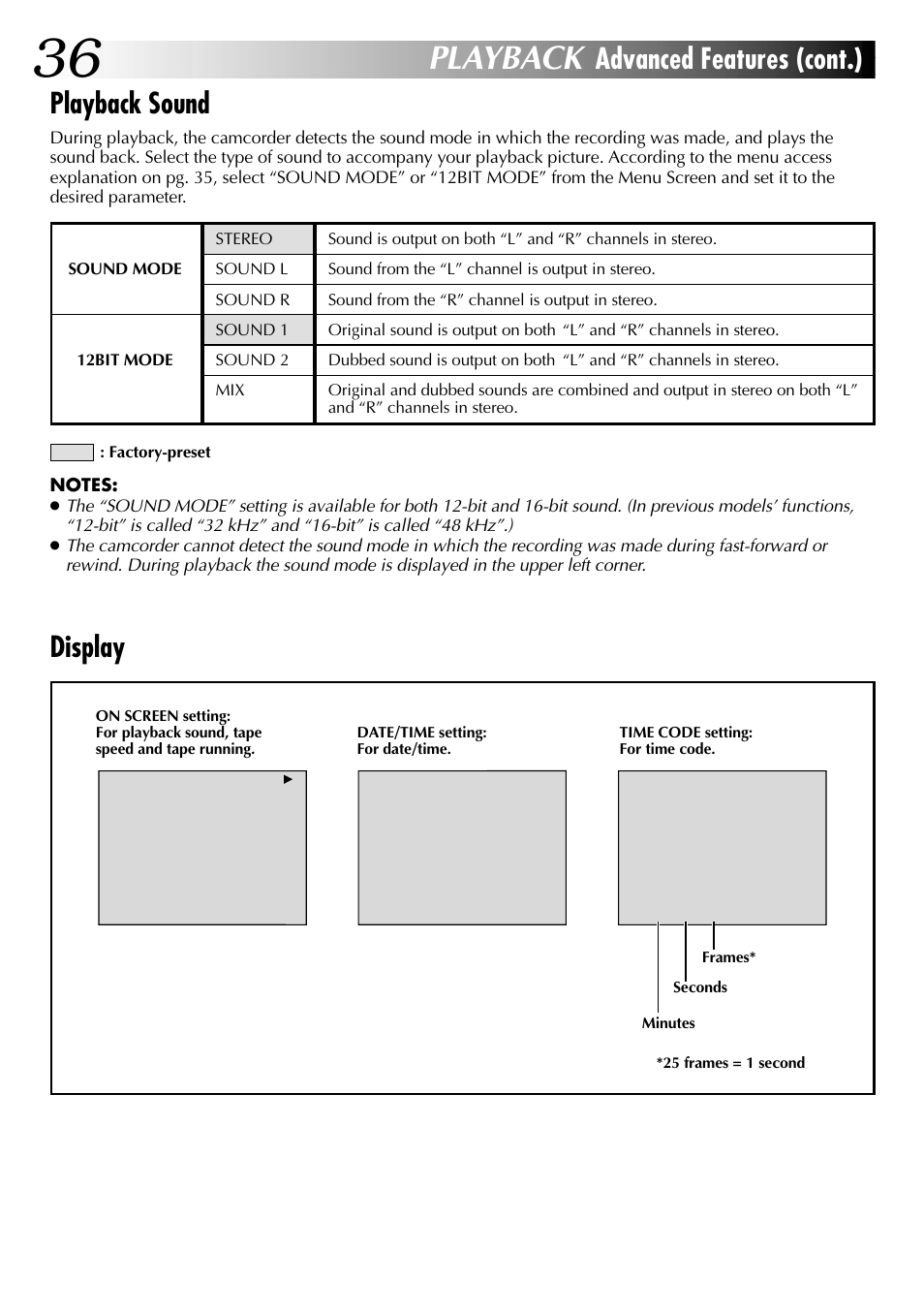 Playback, Playback sound, Display | Advanced features (cont.) | JVC LYT0633-001A User Manual | Page 36 / 76