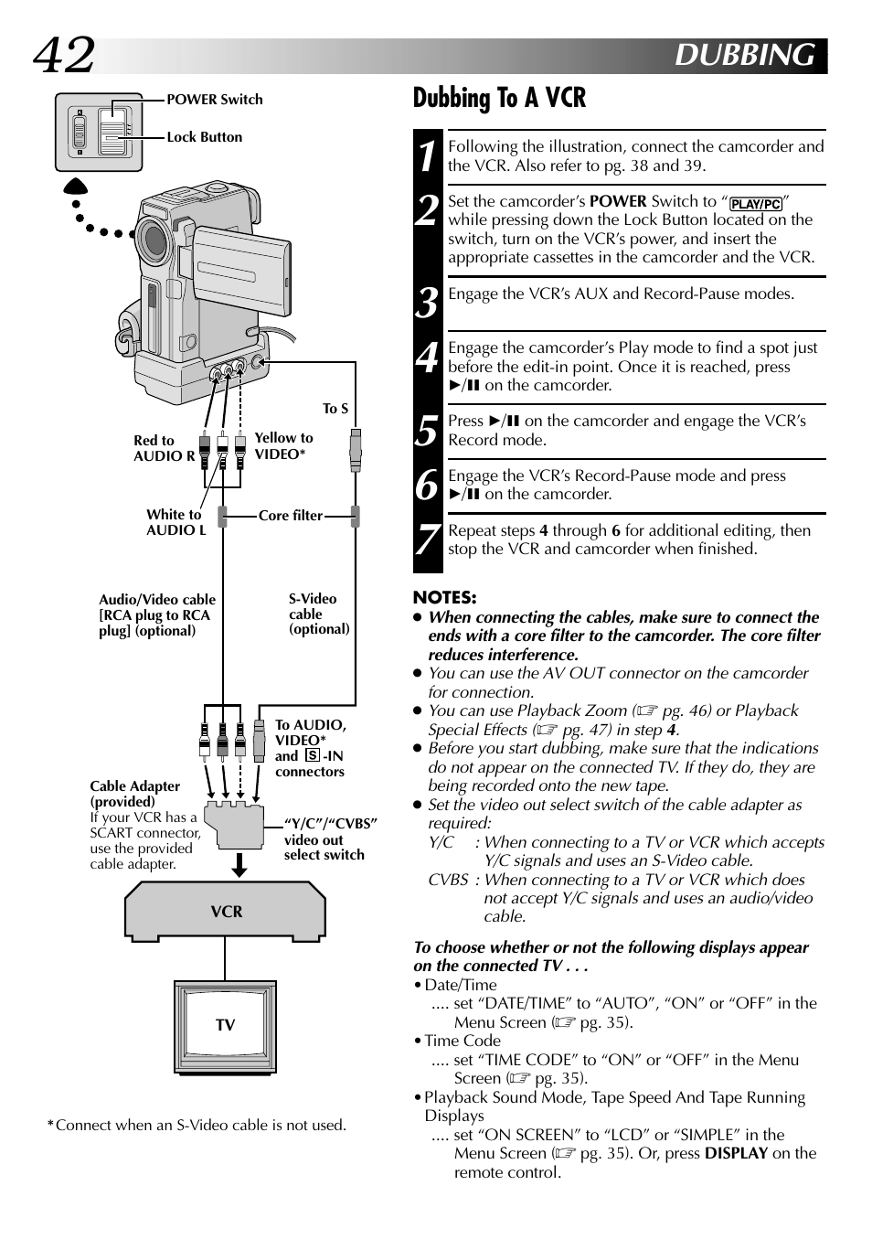 Dubbing, Dubbing to a vcr | JVC LYT0633-001A User Manual | Page 42 / 76