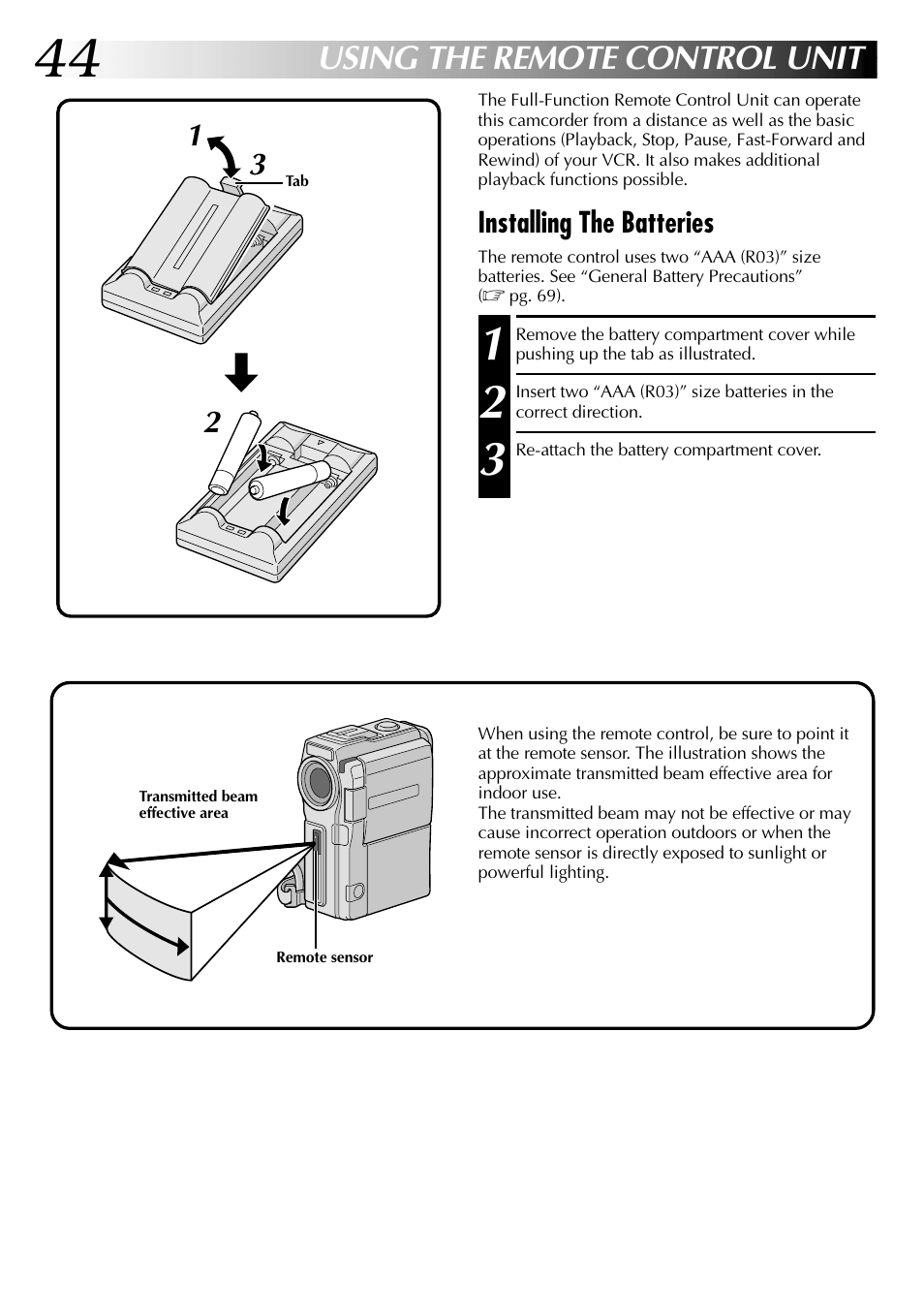 Using the remote control unit, Installing the batteries | JVC LYT0633-001A User Manual | Page 44 / 76