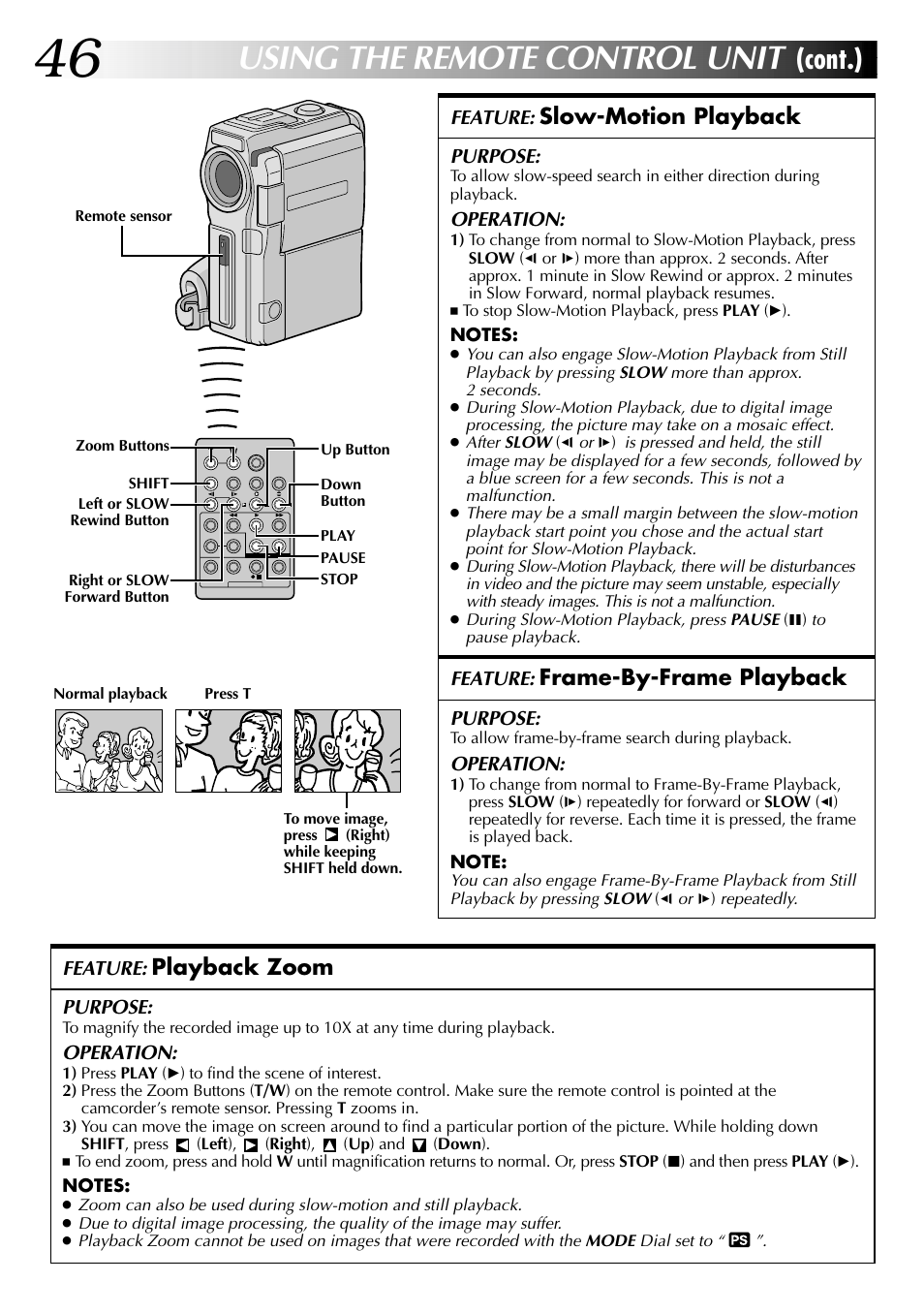 Using the remote control unit, Cont.), Slow-motion playback | Frame-by-frame playback, Playback zoom | JVC LYT0633-001A User Manual | Page 46 / 76