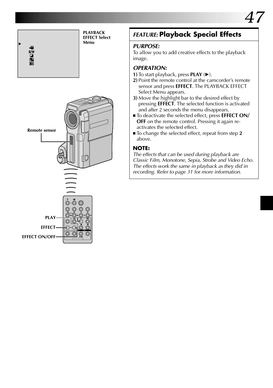Playback special effects, Feature, Purpose | Operation | JVC LYT0633-001A User Manual | Page 47 / 76