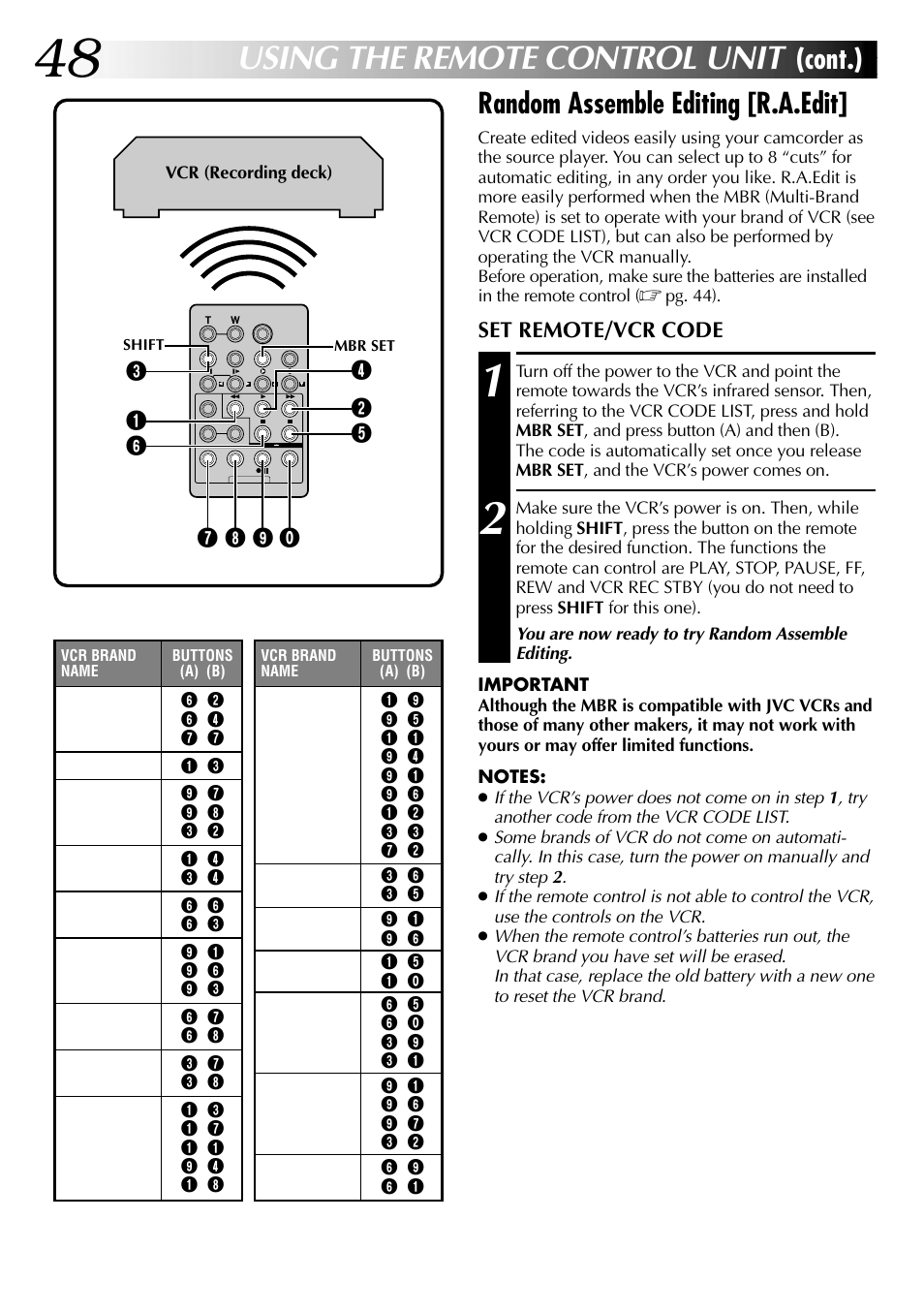 Using the remote control unit, Random assemble editing [r.a.edit, Cont.) | JVC LYT0633-001A User Manual | Page 48 / 76