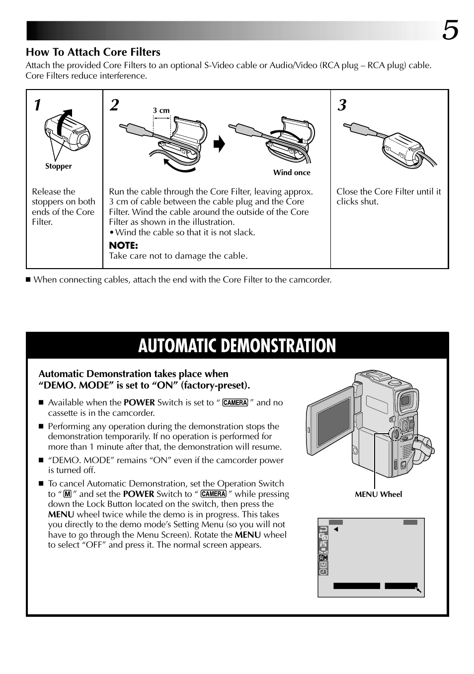 Automatic demonstration, How to attach core filters | JVC LYT0633-001A User Manual | Page 5 / 76