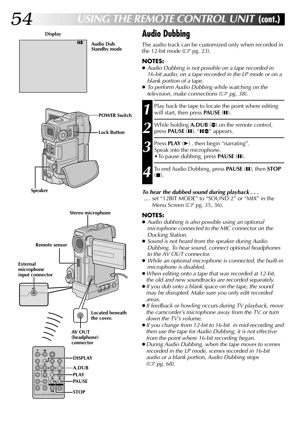 Using the remote control unit, Cont.) audio dubbing | JVC LYT0633-001A User Manual | Page 54 / 76