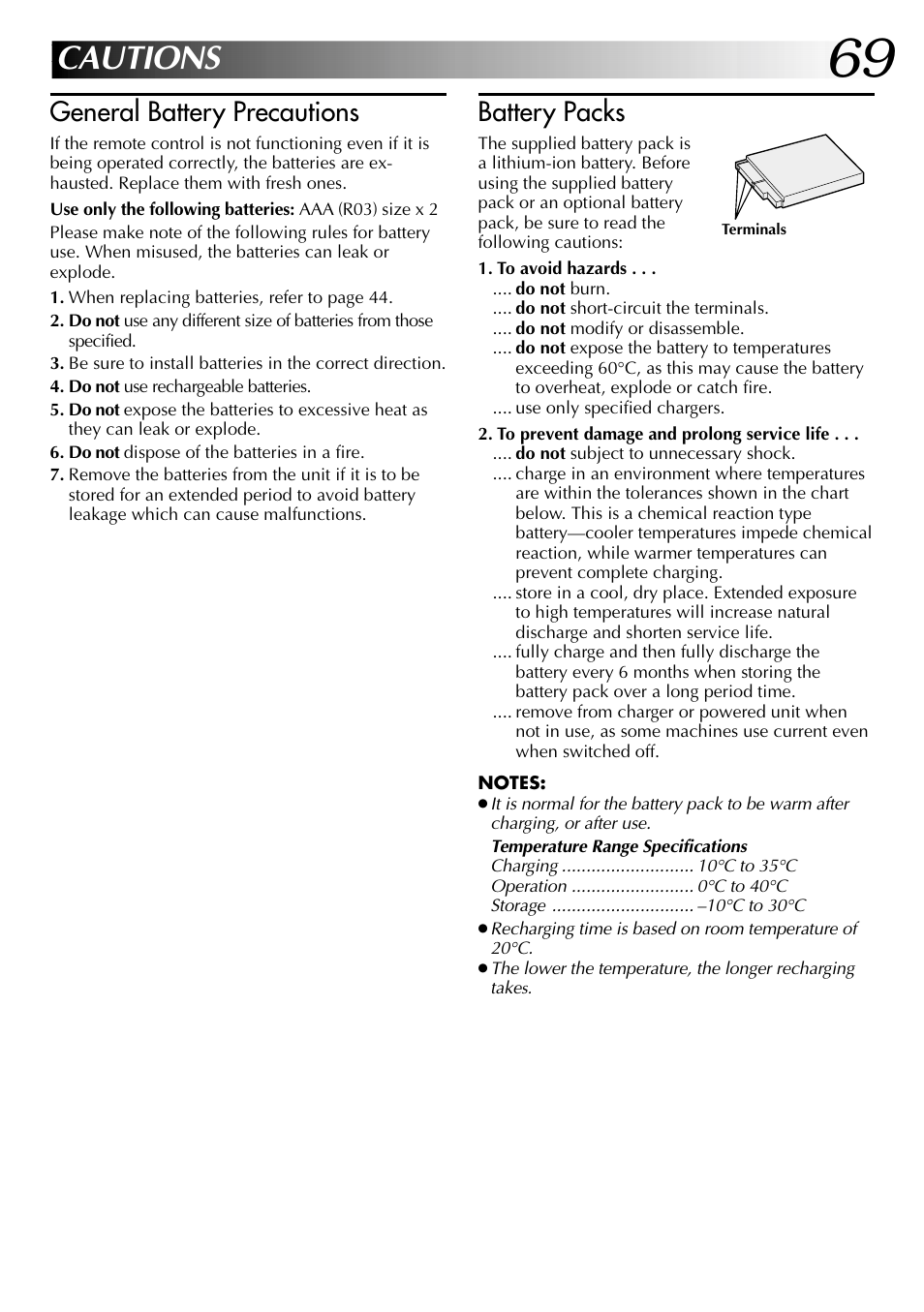 Cautions, General battery precautions, Battery packs | JVC LYT0633-001A User Manual | Page 69 / 76