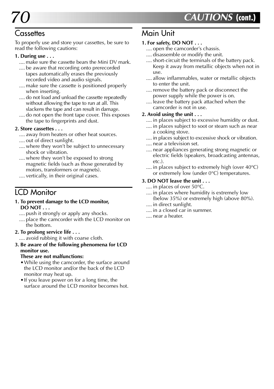 Cautions, Cont.), Cassettes | Lcd monitor, Main unit | JVC LYT0633-001A User Manual | Page 70 / 76