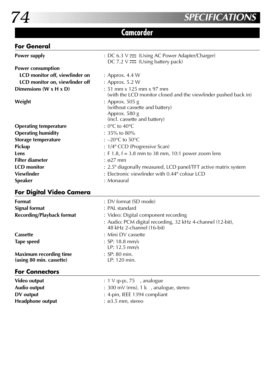 Specifications, Camcorder | JVC LYT0633-001A User Manual | Page 74 / 76