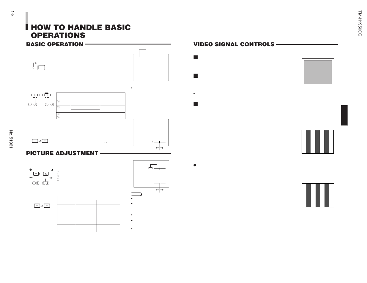 How to handle basic operations, Video signal controls, Blue check | Basic operation picture adjustment, Under scan, Color off, Press the input select buttons to choose input, Adjust with the volume/select buttons | JVC TM-H1950CG User Manual | Page 8 / 16