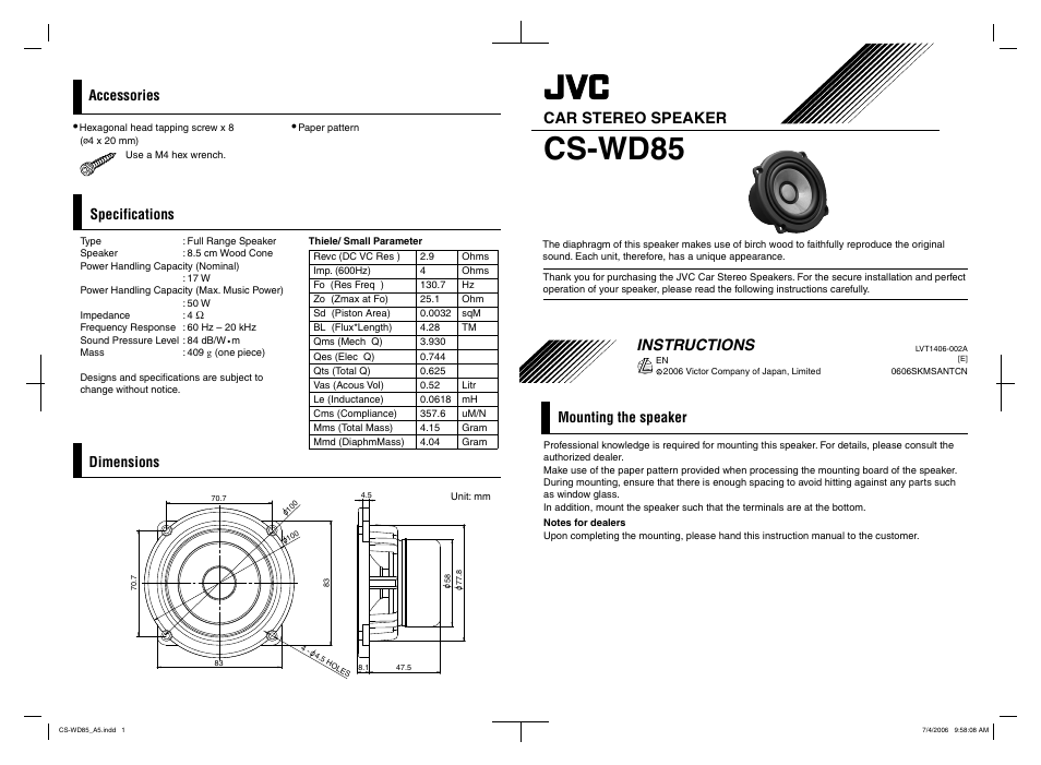 JVC CS-WD85 User Manual | 2 pages