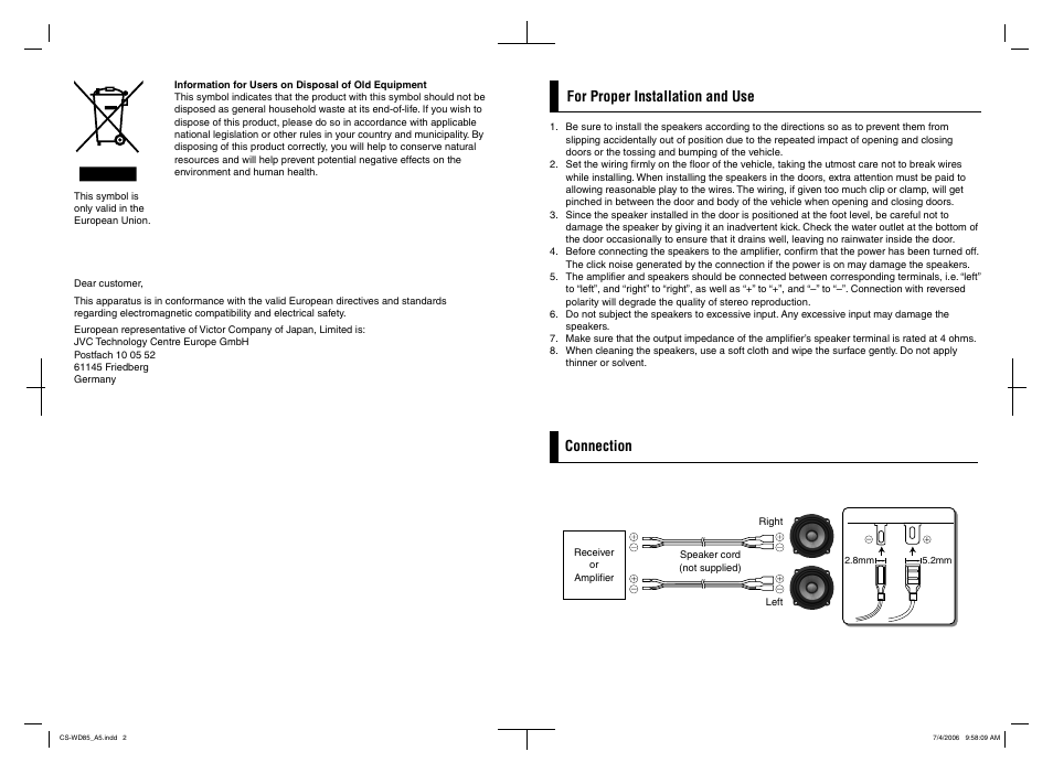 Connection, For proper installation and use | JVC CS-WD85 User Manual | Page 2 / 2