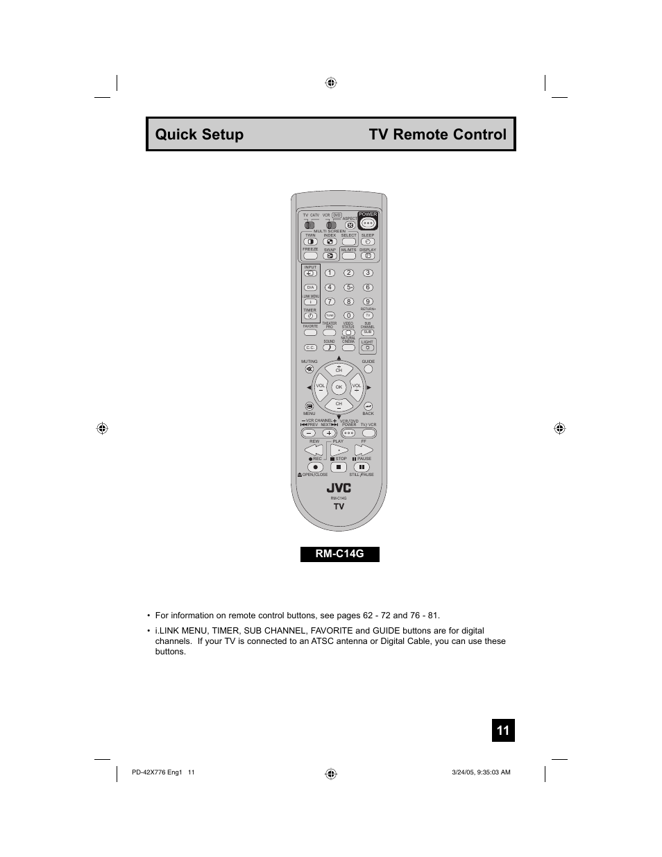Quick setup tv remote control, Rm-c14g | JVC 0305TNH-II-IM User Manual | Page 11 / 92