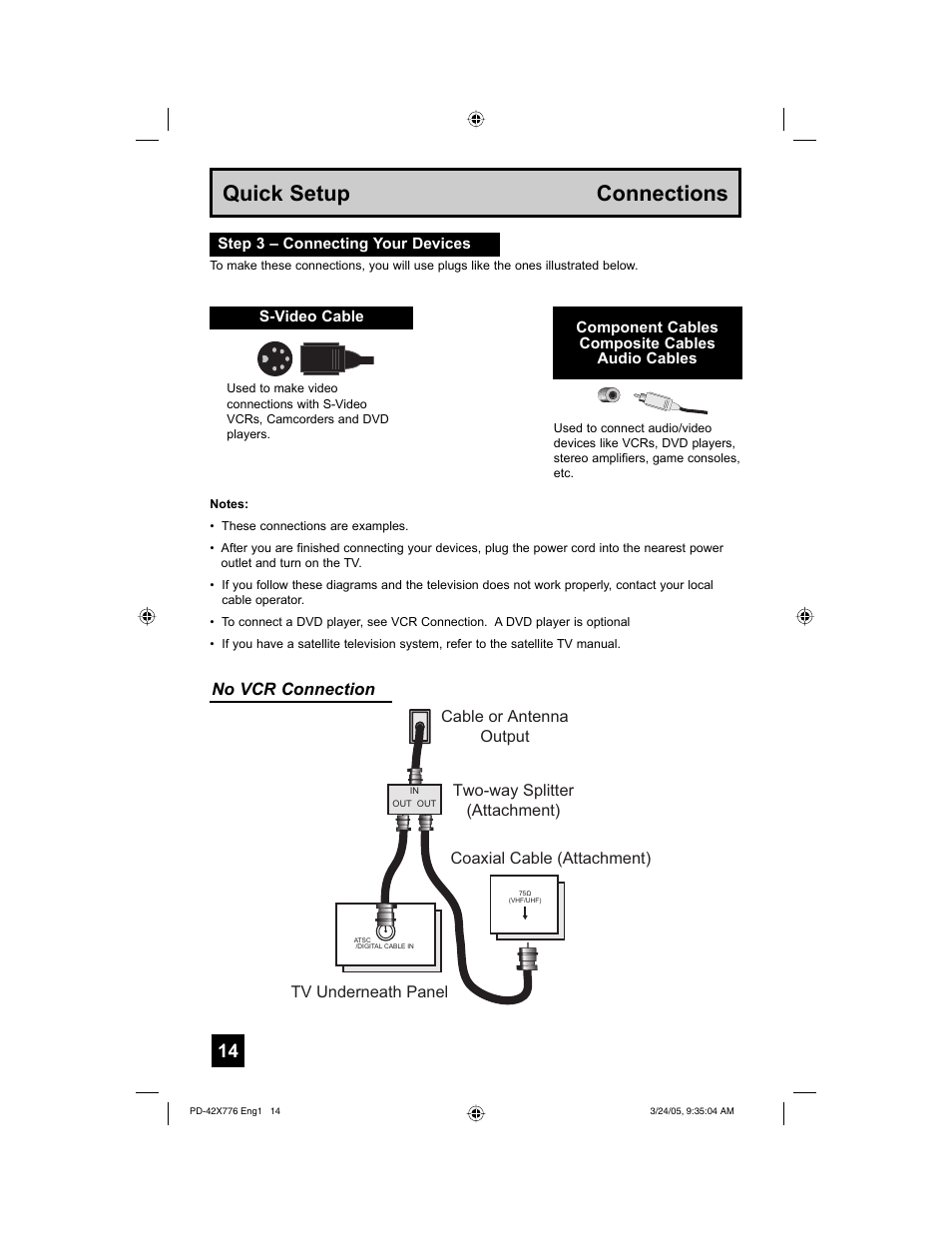 Quick setup connections, No vcr connection | JVC 0305TNH-II-IM User Manual | Page 14 / 92