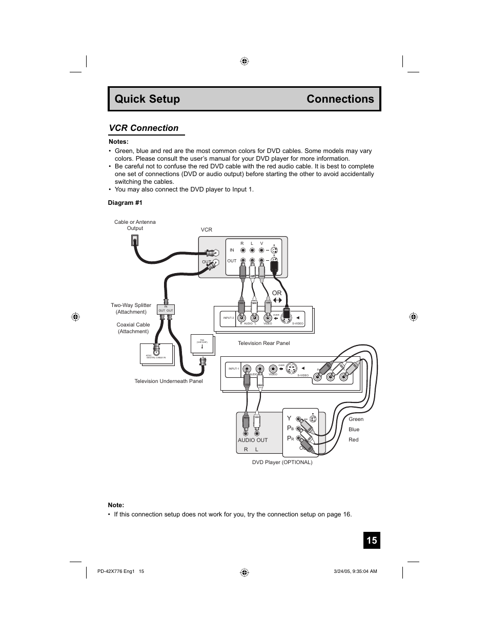 Quick setup connections, Vcr connection | JVC 0305TNH-II-IM User Manual | Page 15 / 92