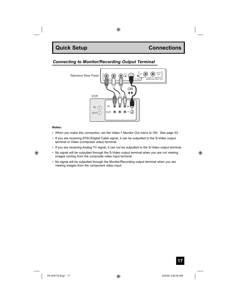 Quick setup connections, Connecting to monitor/recording output terminal | JVC 0305TNH-II-IM User Manual | Page 17 / 92