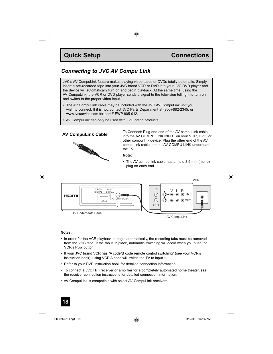 Quick setup connections, Connecting to jvc av compu link, Av compulink cable | JVC 0305TNH-II-IM User Manual | Page 18 / 92