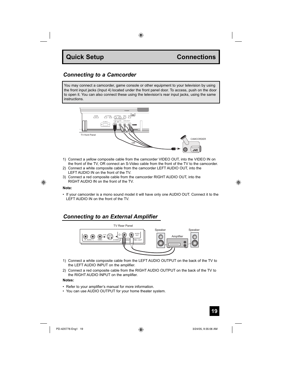 Quick setup connections, Connecting to a camcorder, Connecting to an external amplifier | JVC 0305TNH-II-IM User Manual | Page 19 / 92