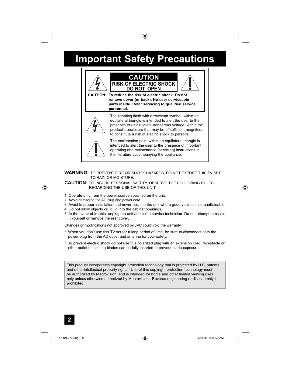 Important safety precautions, Caution | JVC 0305TNH-II-IM User Manual | Page 2 / 92