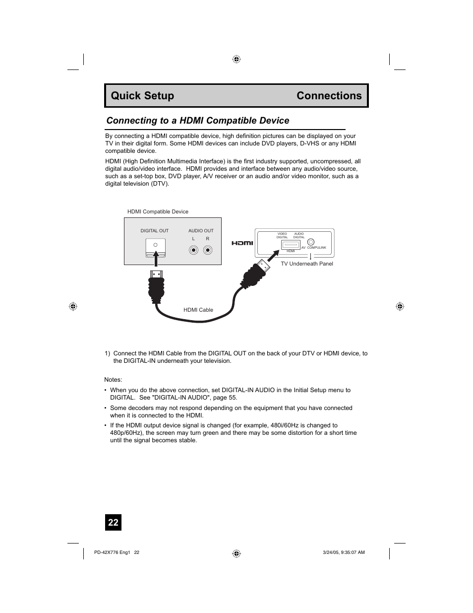 Quick setup connections, Connecting to a hdmi compatible device | JVC 0305TNH-II-IM User Manual | Page 22 / 92